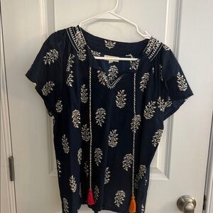THML Navy Blue Floral Tassel-Trim Peasant Top